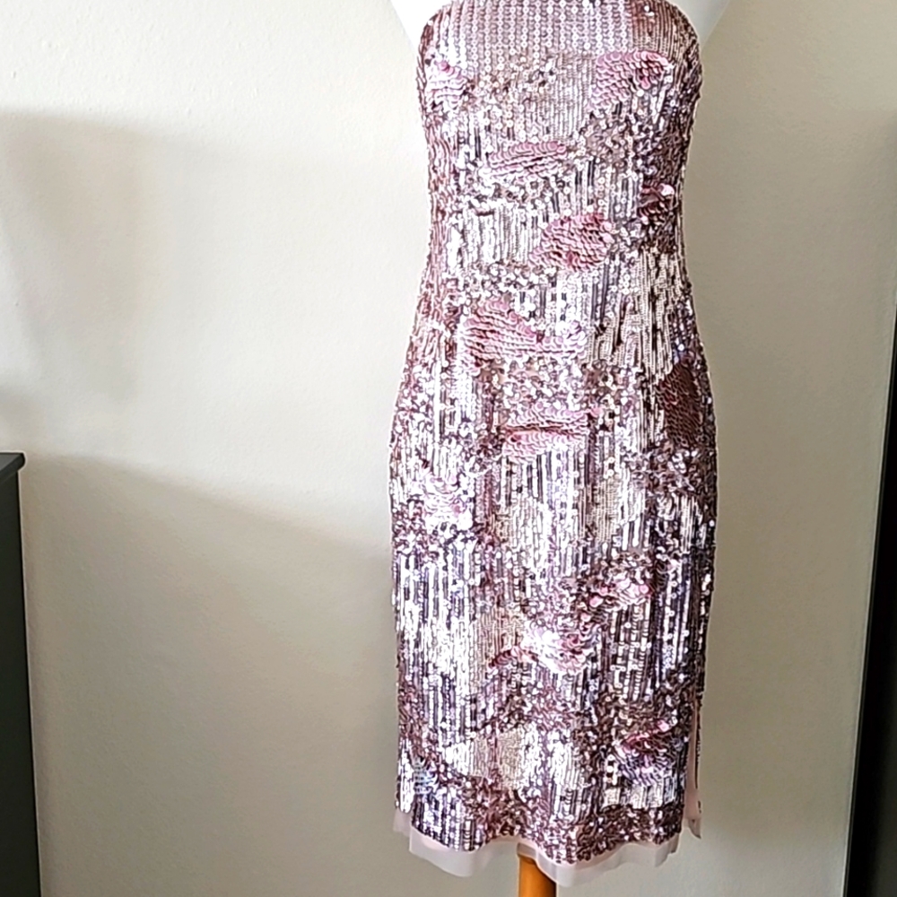 Liv Foster Sequined Gold Strapless Cocktail Dress